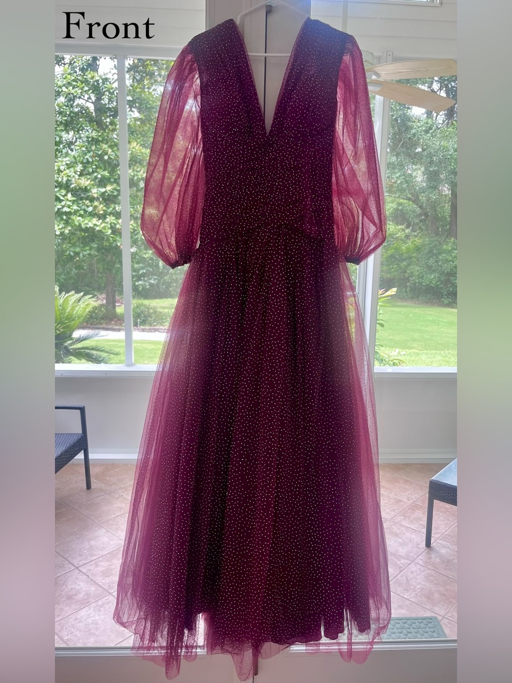 Teuta Matoshi Wine Sparkle Tulle Gown with Sheer Puff Sleeves